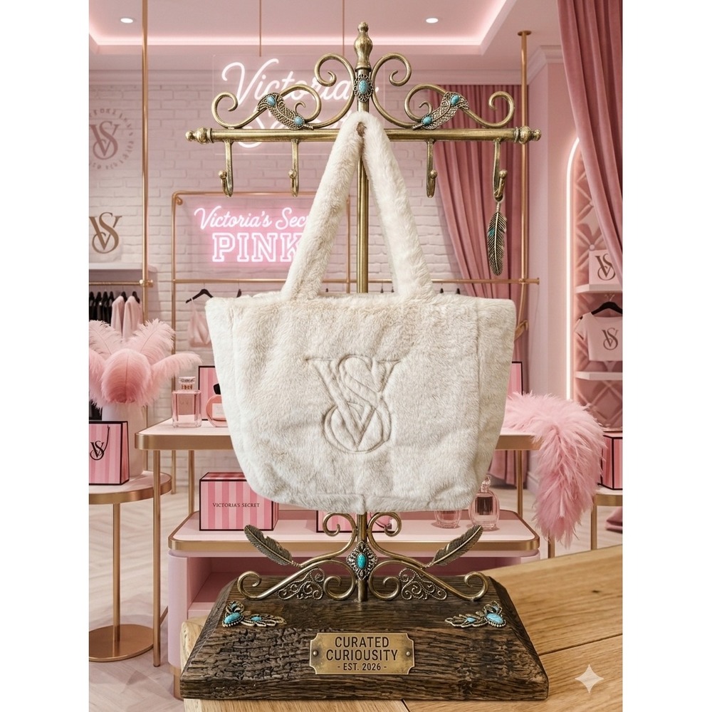 Victoria's Secret Ivory Faux Fur fuzzy Tote Bag Zip Top Embossed Logo Cream NEW